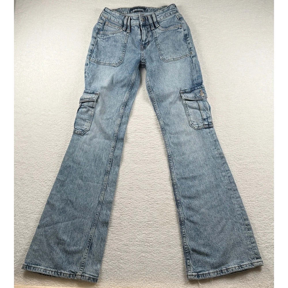 Aeropostale Utility‎ Jeans Womens 0R Blue Denim Cargo Pockets Mid Rise Flare Leg